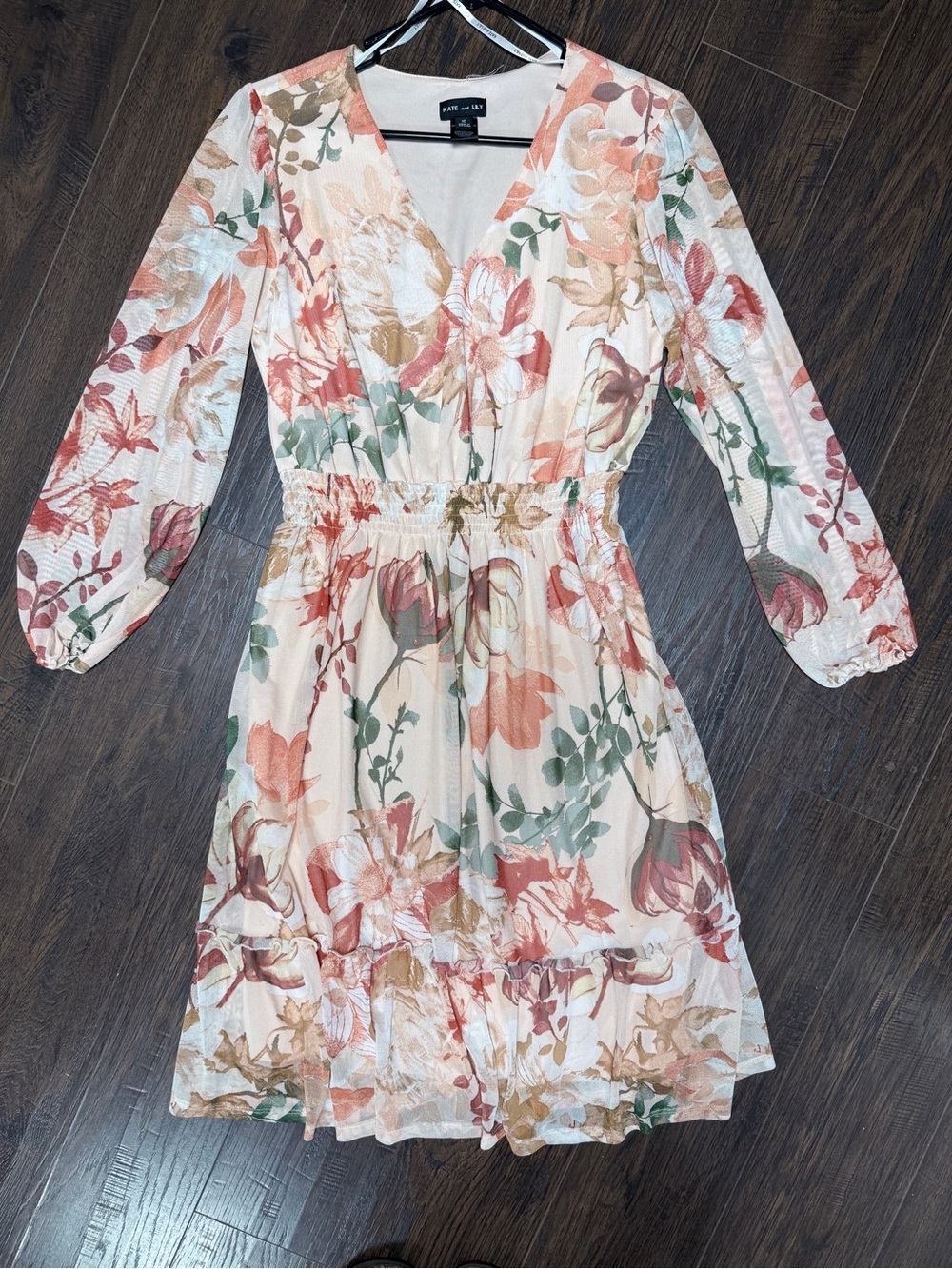 KATE AND LILY ORANGE FLORAL LONG SHEER SLEEVES V NECK LINED